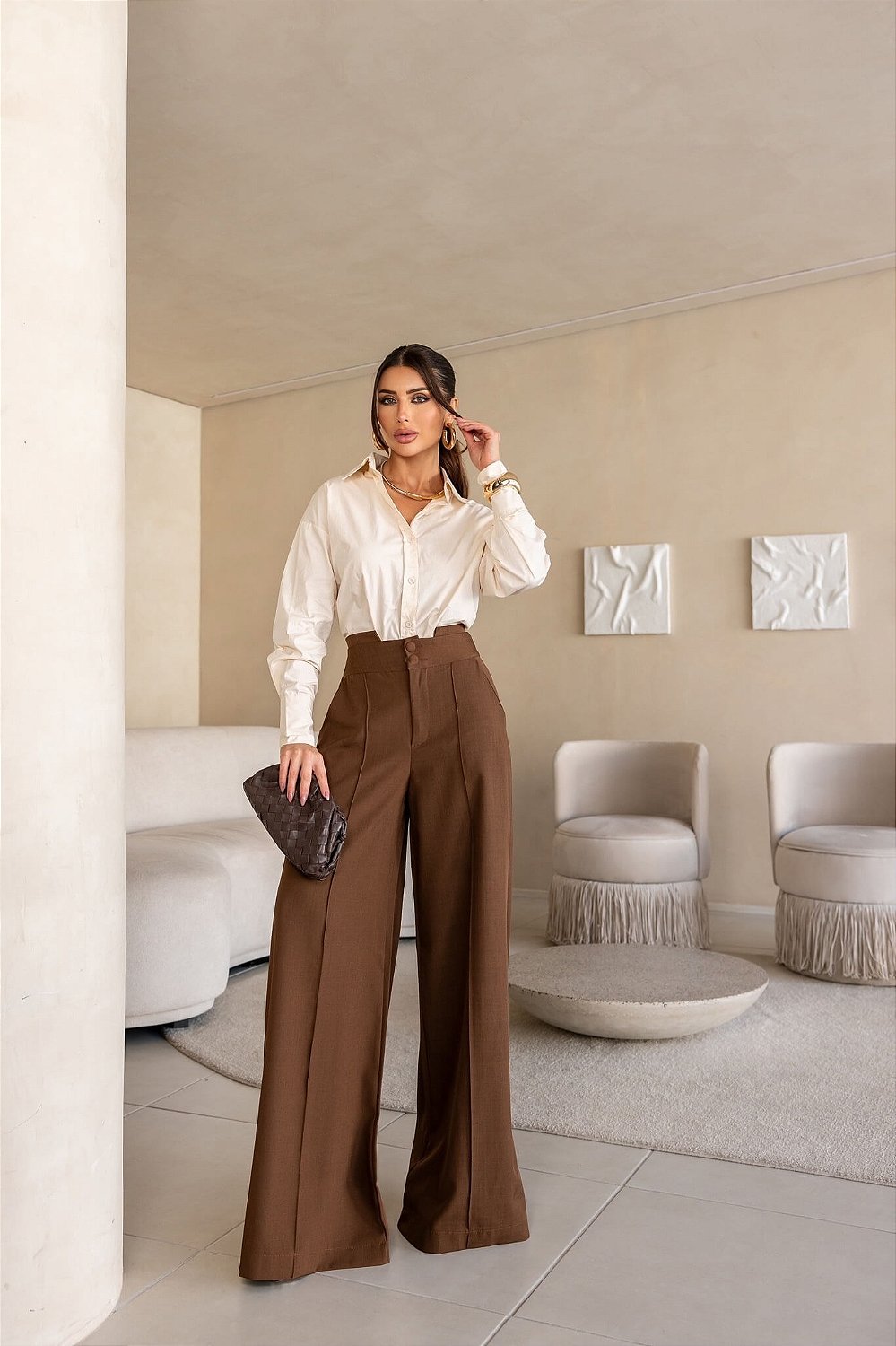 calça pantalona marrom social
