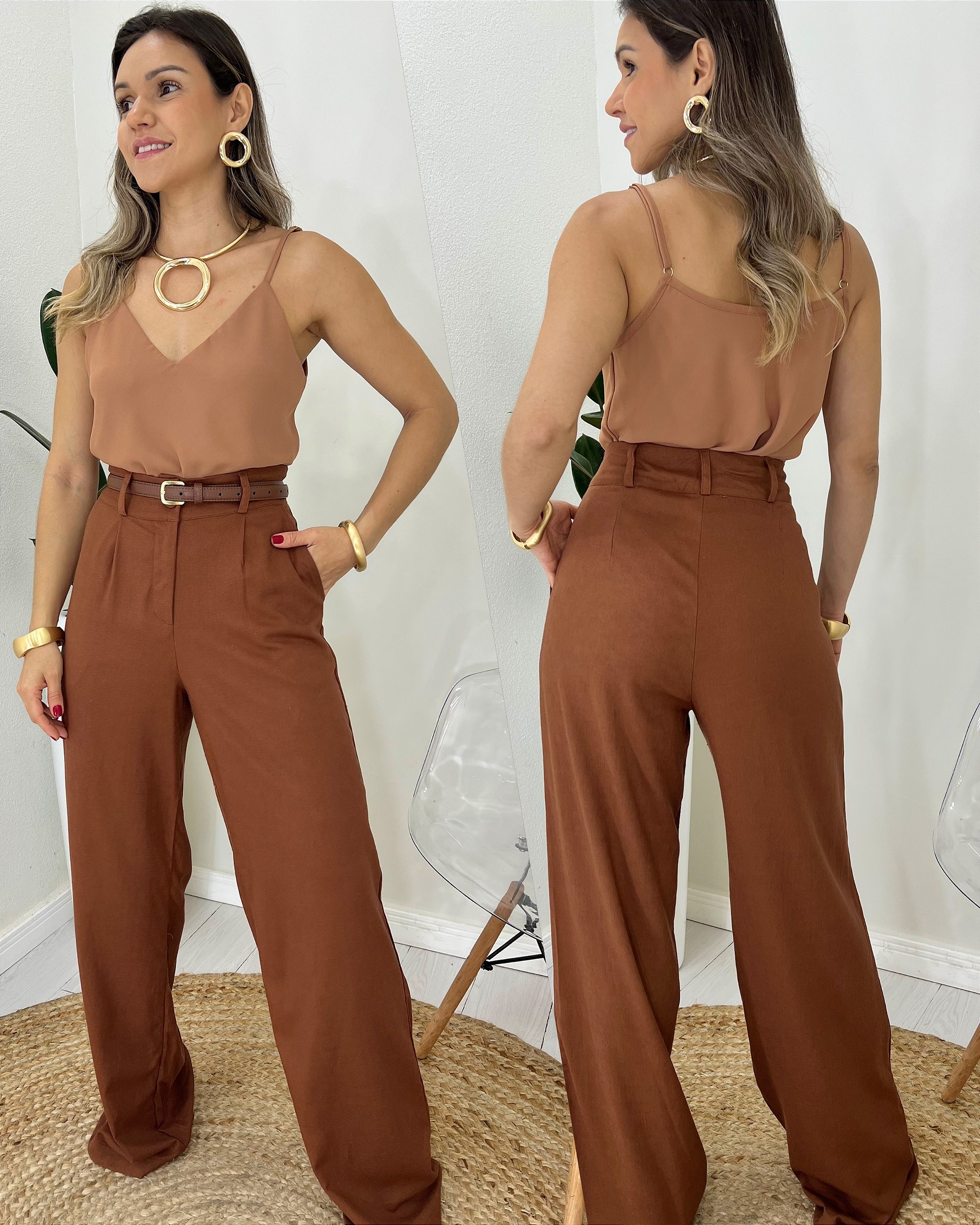 calça pantalona marrom linho