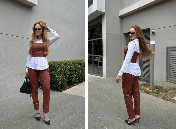 calça pantalona marrom casual