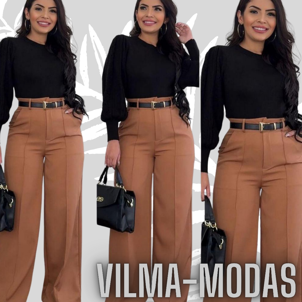 look calça pantalona marrom
