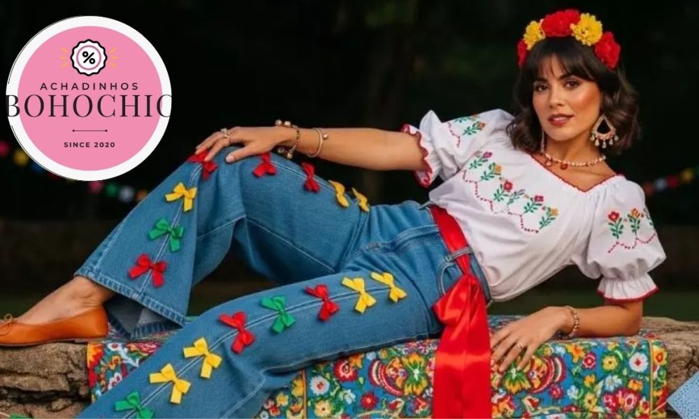 5 ideias de títulos para posts correlacionados: 1. Como customizar sua calça jeans para a Festa Junina com apliques de chita. 2. Guia completo de acessórios country: do chapéu de palha às botas western. 3. Camisa xadrez além do básico: 3 formas criativas de usar no Arraiá. 4. Modelagens de calça jeans ideais para cada estilo de Festa Junina. 5. Maquiagem e penteados que combinam com looks jeans no São João.