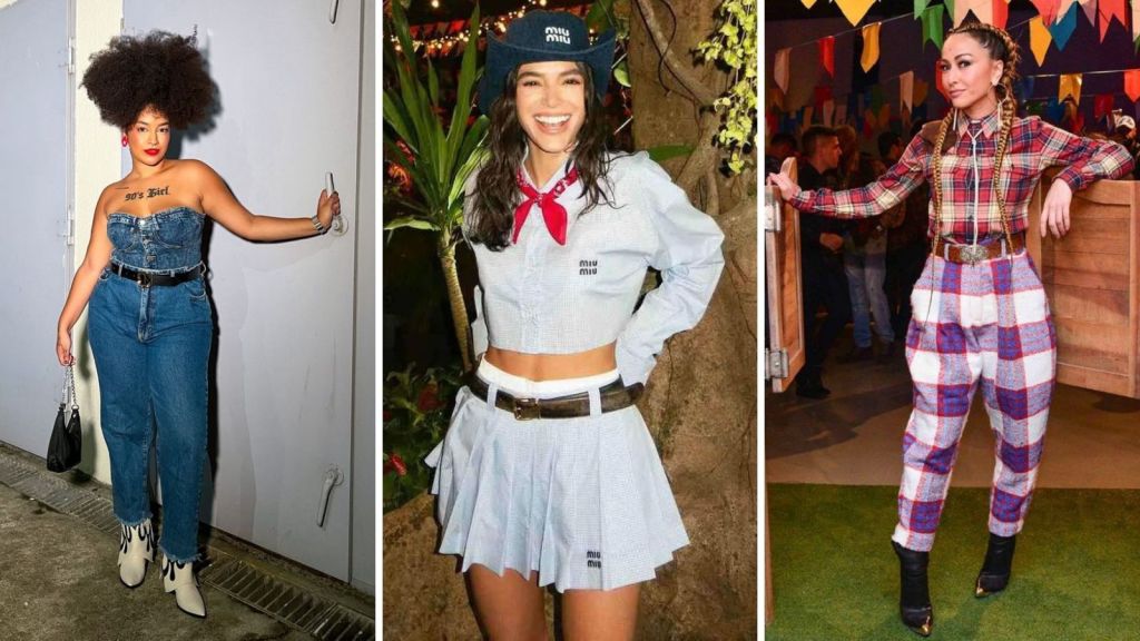 5 ideias de títulos para posts correlacionados: 1. Como customizar sua calça jeans para a Festa Junina com apliques de chita. 2. Guia completo de acessórios country: do chapéu de palha às botas western. 3. Camisa xadrez além do básico: 3 formas criativas de usar no Arraiá. 4. Modelagens de calça jeans ideais para cada estilo de Festa Junina. 5. Maquiagem e penteados que combinam com looks jeans no São João.