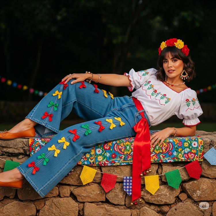5 ideias de títulos para posts correlacionados: 1. Como customizar sua calça jeans para a Festa Junina com apliques de chita. 2. Guia completo de acessórios country: do chapéu de palha às botas western. 3. Camisa xadrez além do básico: 3 formas criativas de usar no Arraiá. 4. Modelagens de calça jeans ideais para cada estilo de Festa Junina. 5. Maquiagem e penteados que combinam com looks jeans no São João.