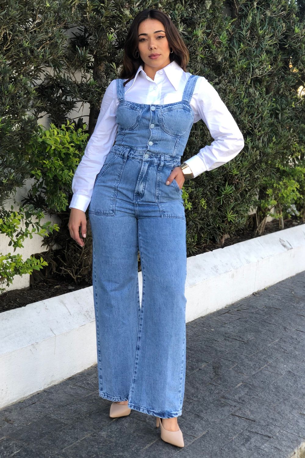 macacão jeans feminino flare
