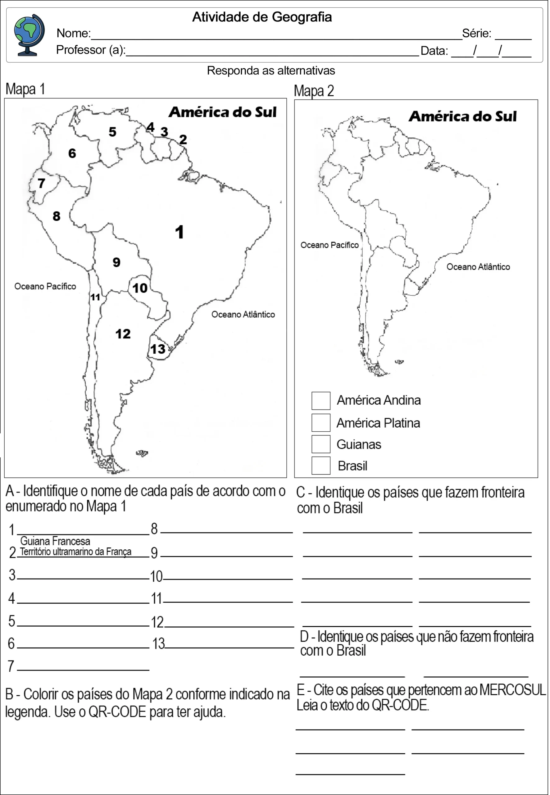 atividade mapa américa do sul para colorir