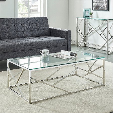 Mesa de centro de vidro com base de madeira