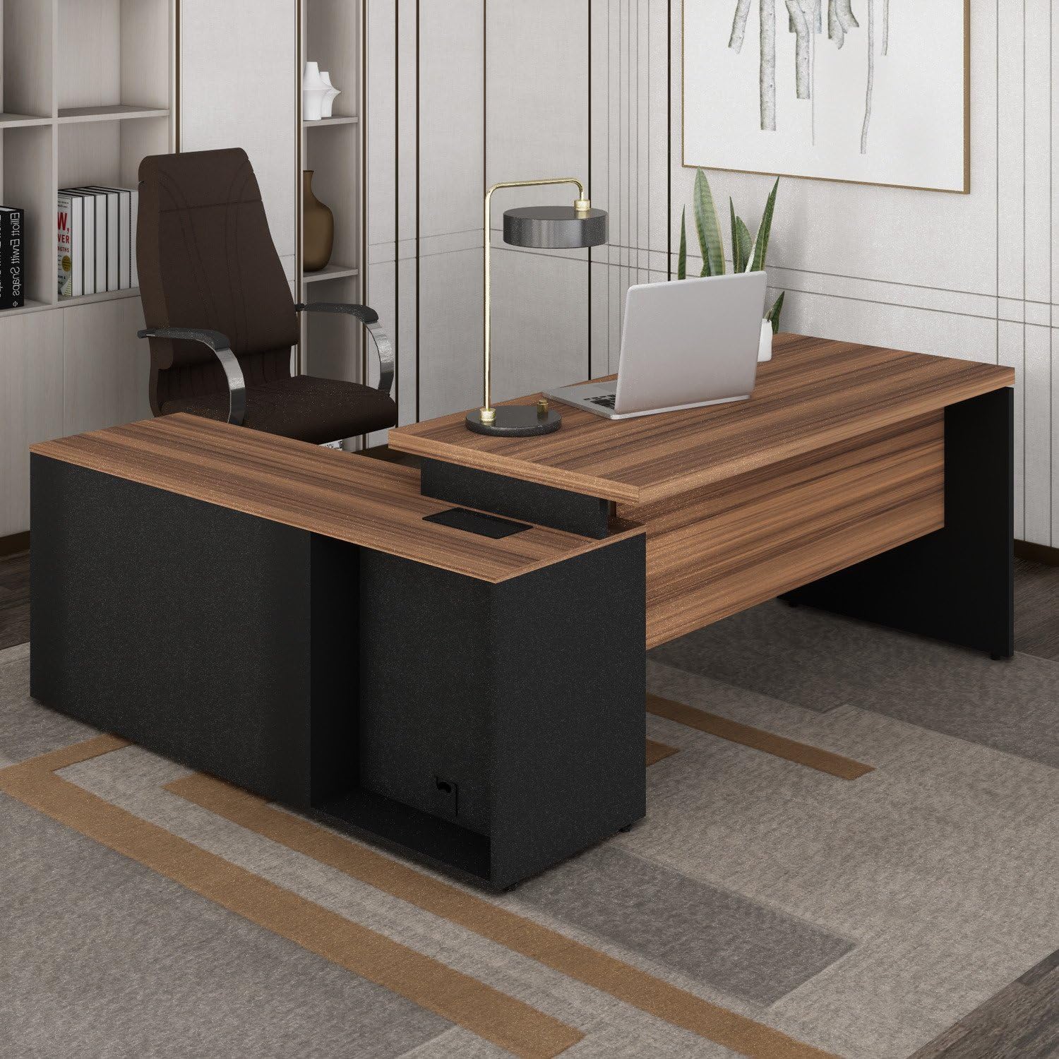 mesa em l com prateleiras