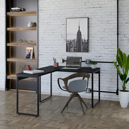 Mesa em L com design aberto para gaveteiros