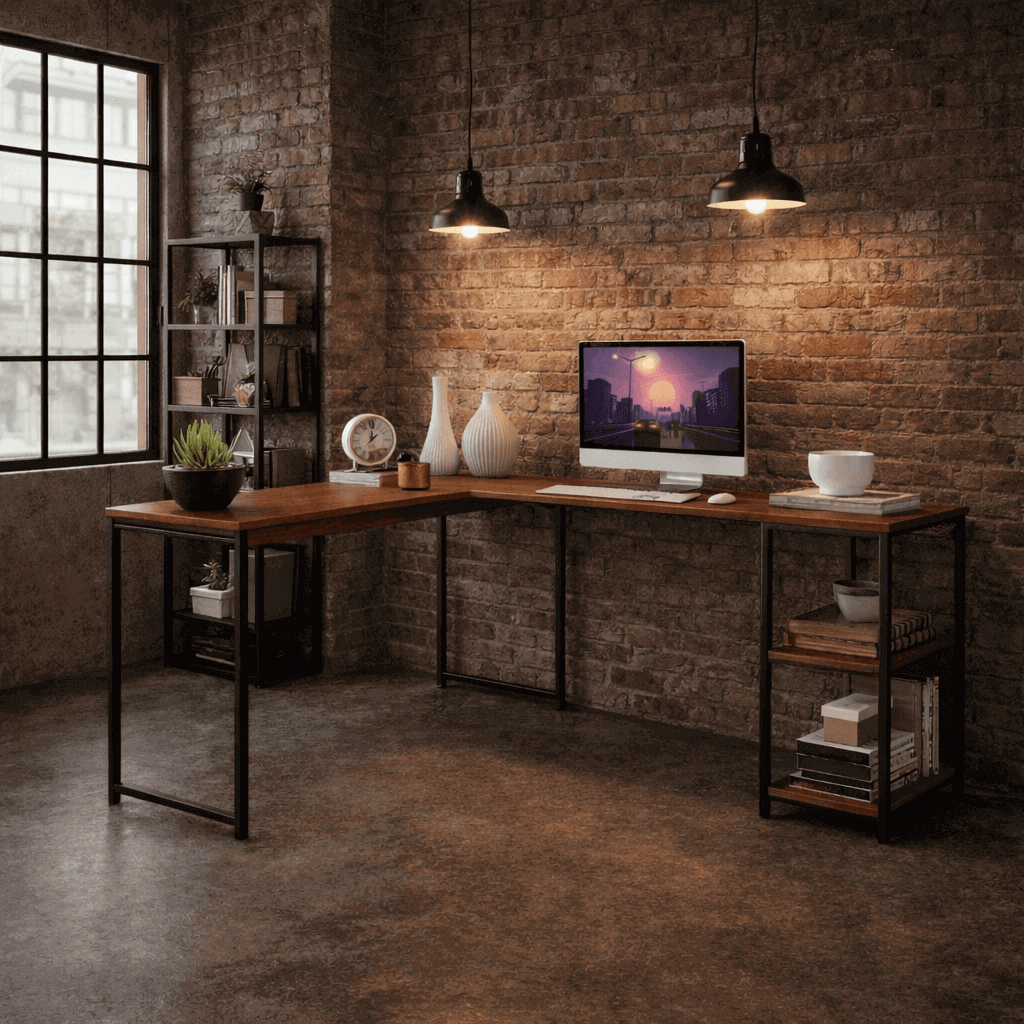 Mesa em L com estrutura em aço carbono e pintura epóxi preta