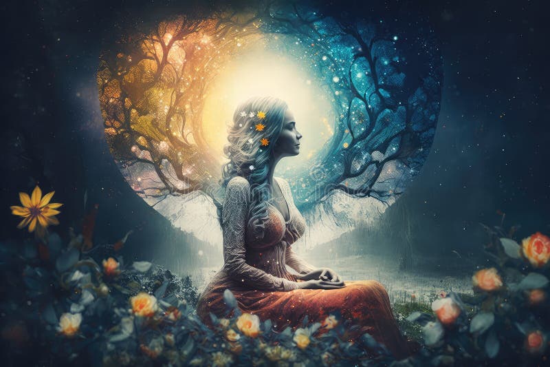 mulher meditando em jardim sereno