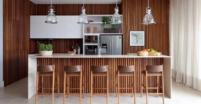 ideias painel ripado ilha cozinha americana moderna