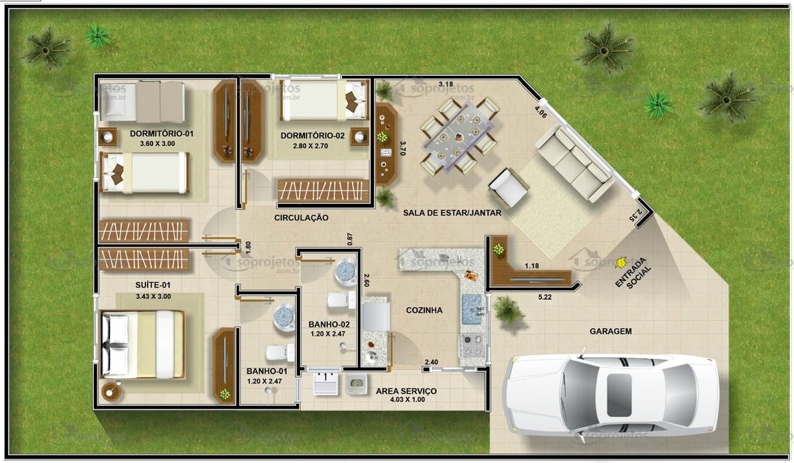 projeto casa 3 quartos