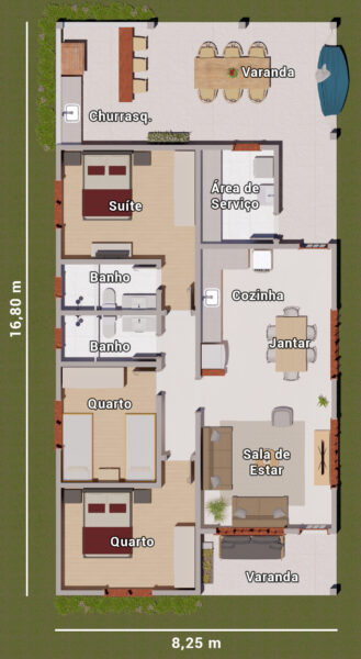 planta baixa 3 quartos 100m2