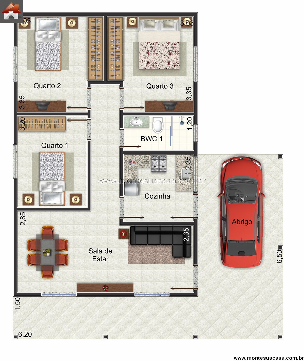 Ideias de layout casa 3 quartos