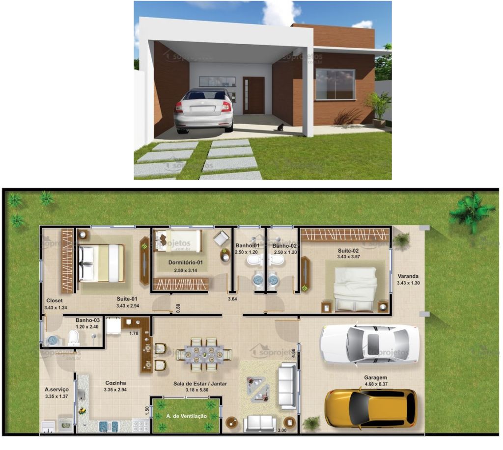 Planta de casa 3 quartos econômica