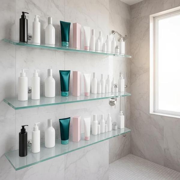 ideias de prateleiras de vidro para banheiro pequeno