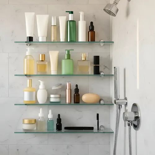 prateleira de vidro canto vs reta qual a melhor para seu banheiro