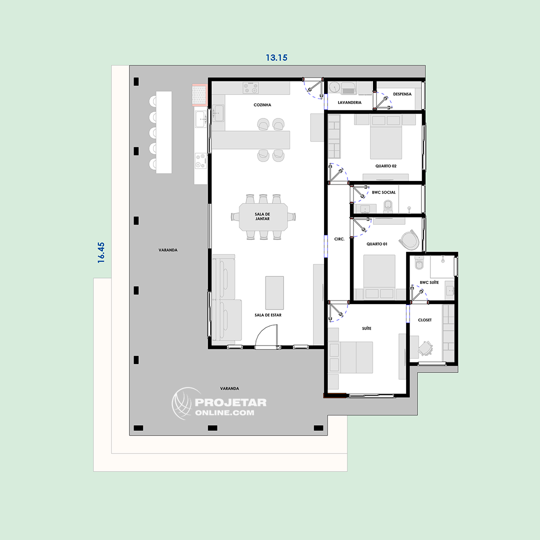 planta de casa 3 quartos moderna