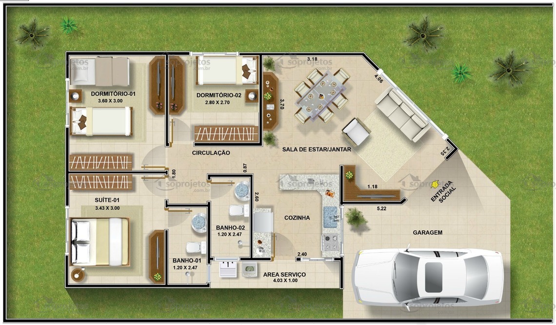 planta de casa 3 quartos moderna