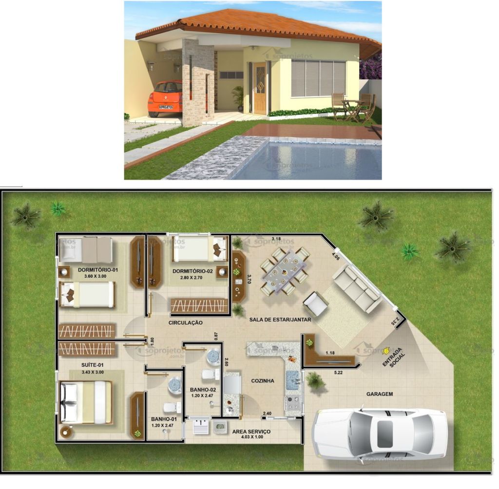 projeto 3 quartos 100m2