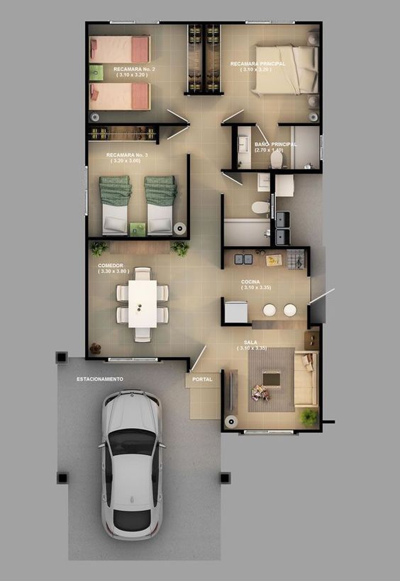 planta de casa 3 quartos moderna