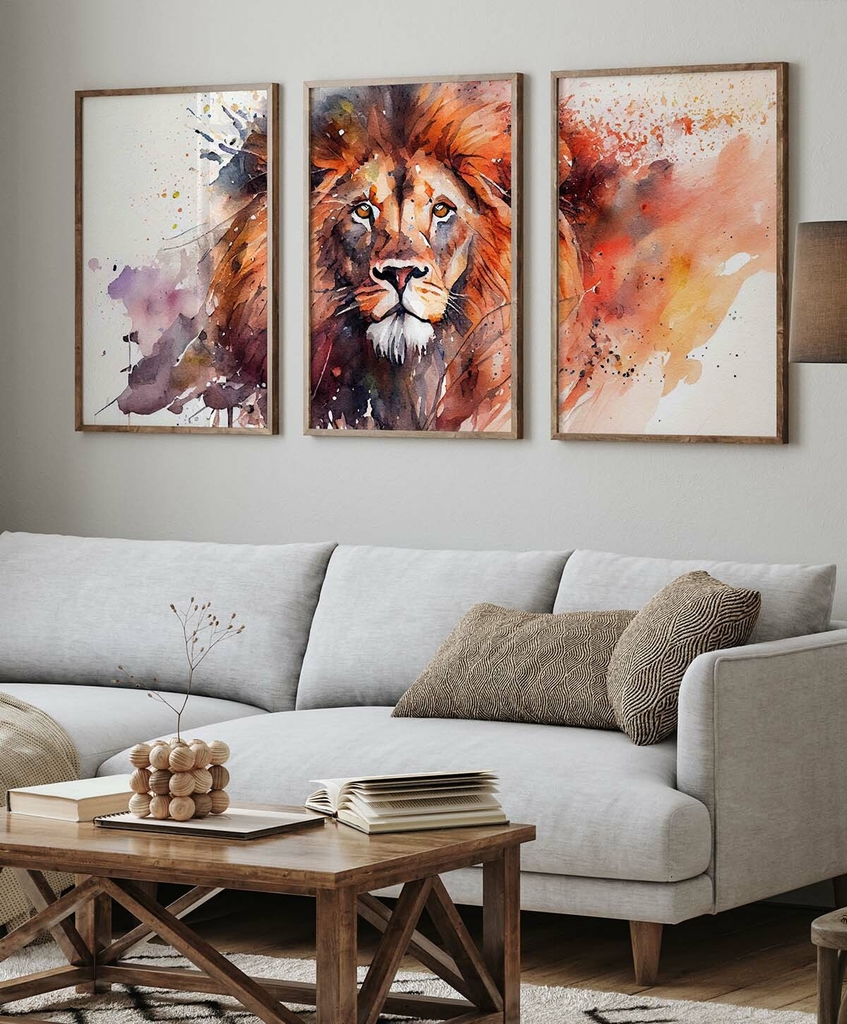 quadro leao aquarela