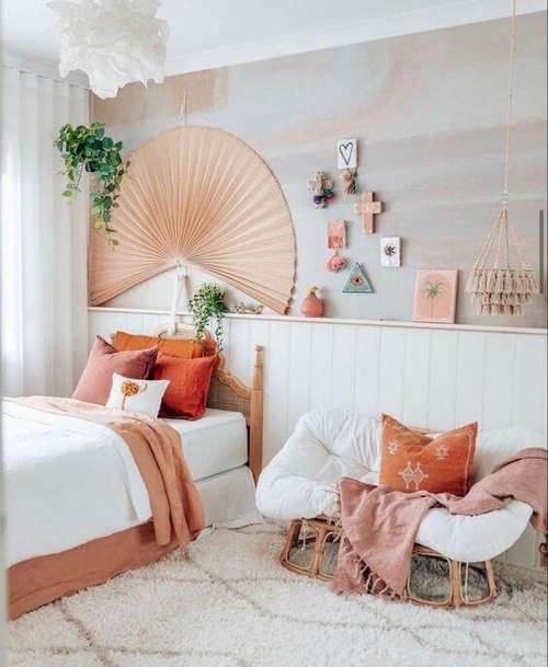 quarto casal boho com madeira