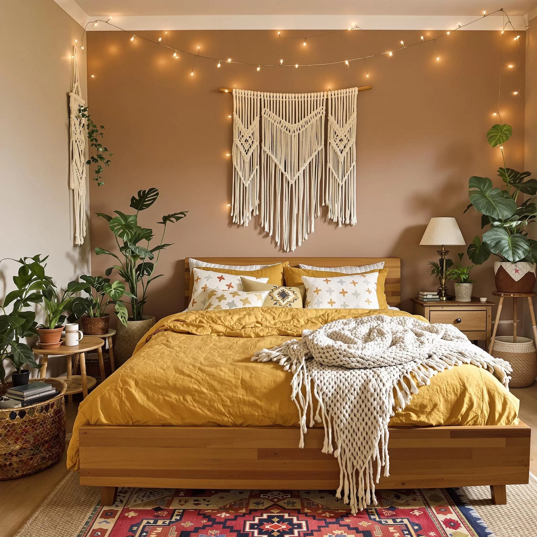 quarto casal boho com plantas