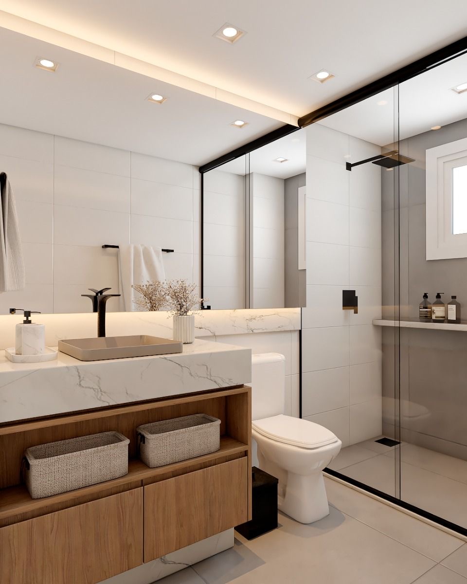 reforma de banheiro social elegante e funcional