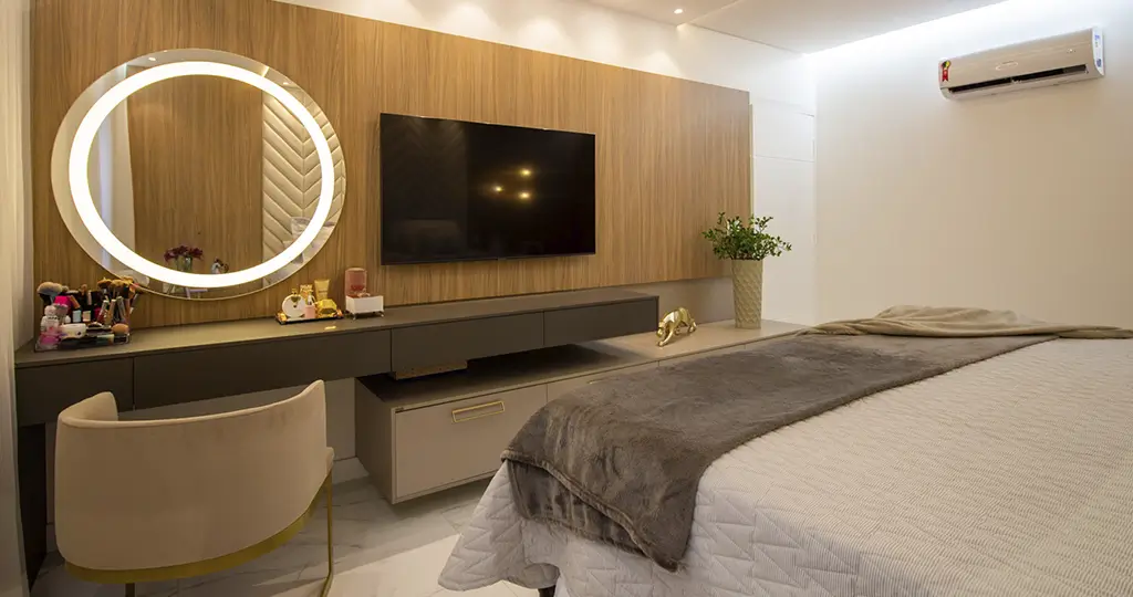reforma de quarto de casal planejado com tv