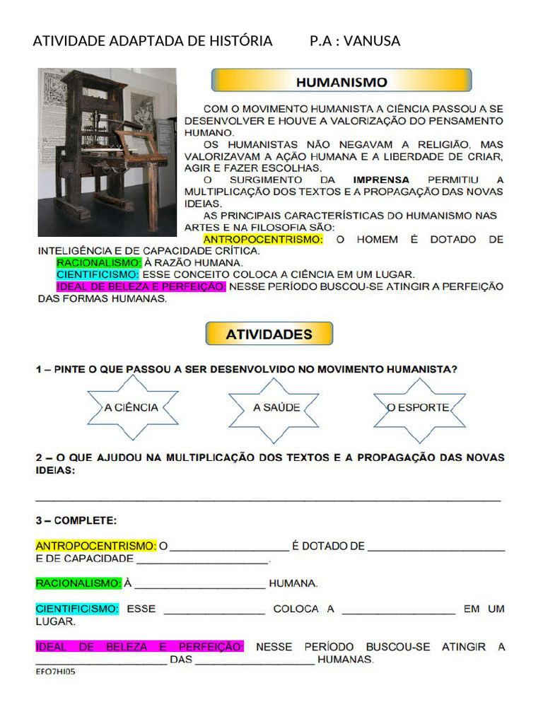 renascimento humanismo atividades