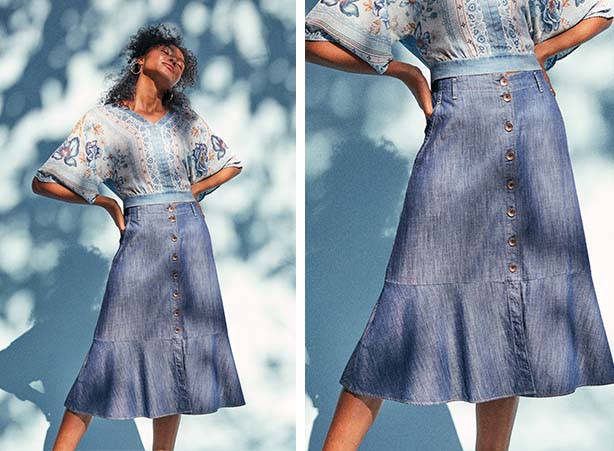 saias midi jeans