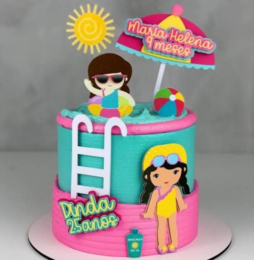 topo de bolo festa na piscina feminino