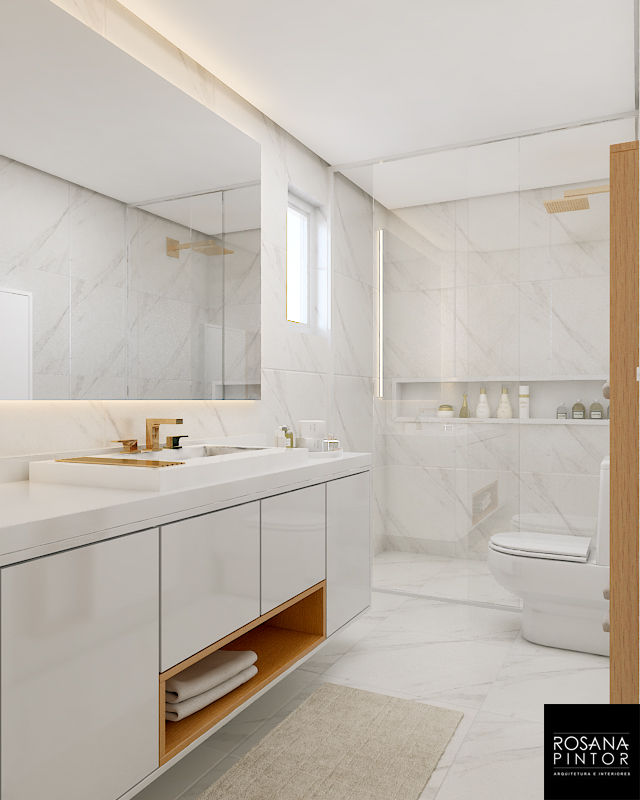 ideias de decoração banheiro com torneira dourada