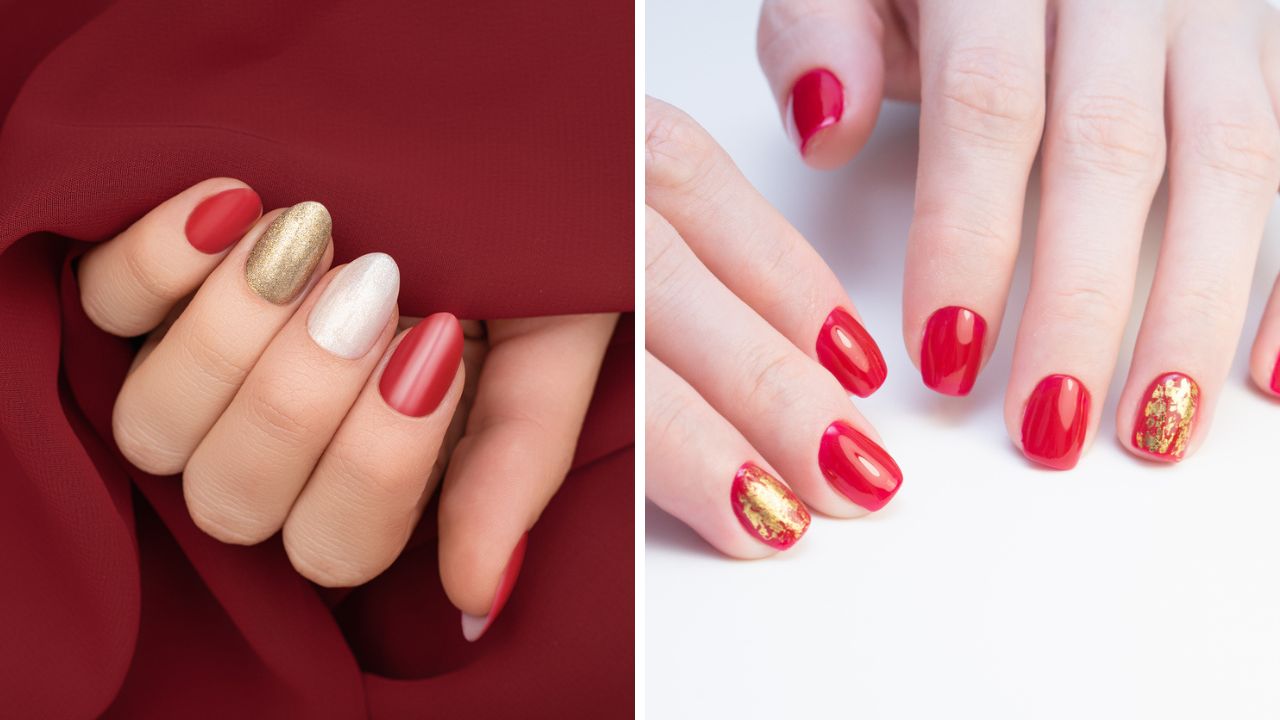 Tendências de Unhas Vermelhas e Douradas para o Natal e Ano Novo