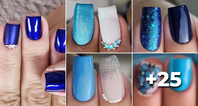 unha em gel azul com glitter