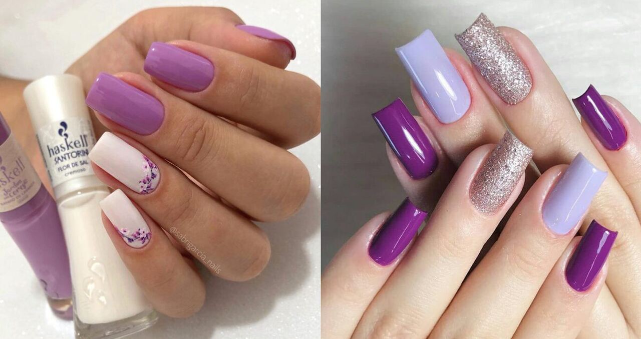 Unhas brancas com glitter lilás