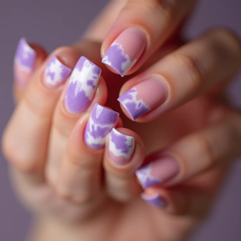 Unhas lilás com detalhes em branco