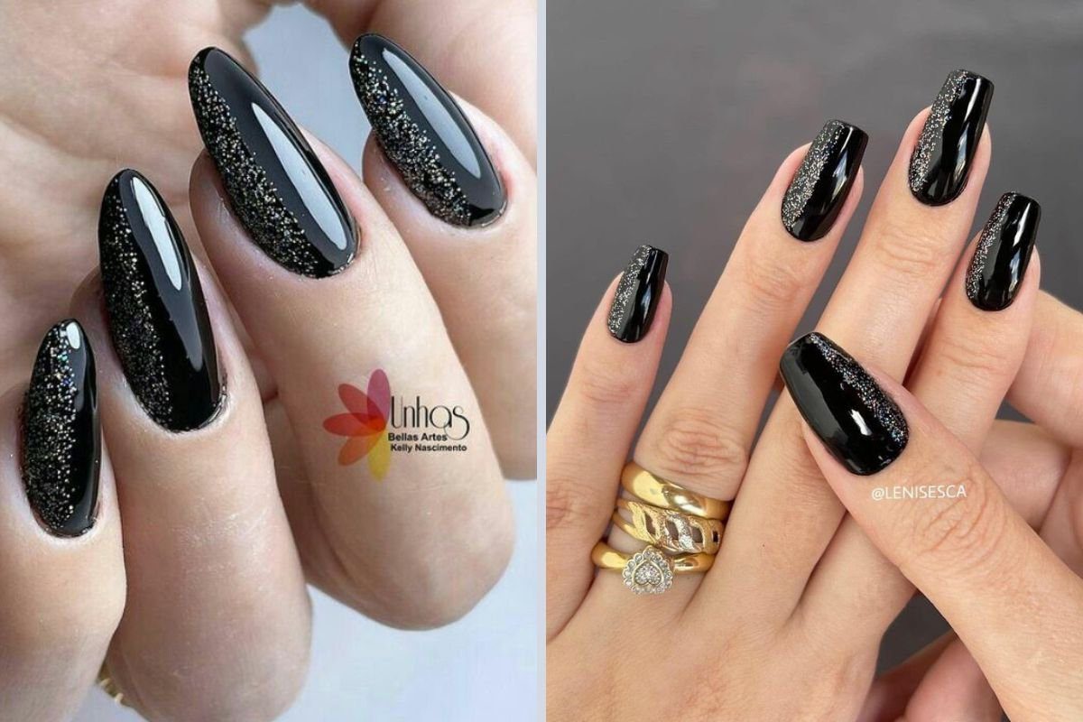 unha preta com glitter