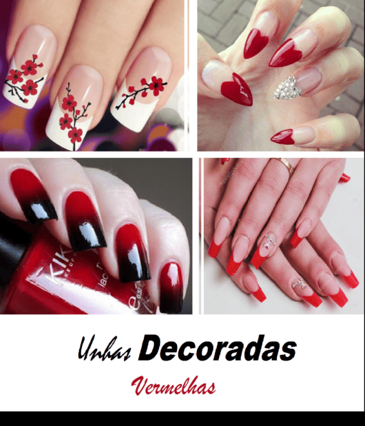 Unhas vermelhas com detalhes em branco e dourado