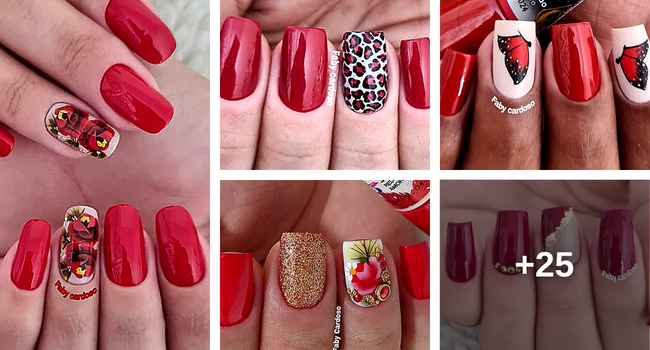 Unhas vermelhas com detalhes florais
