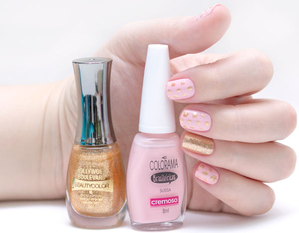 Unhas Rosa Com Dourado