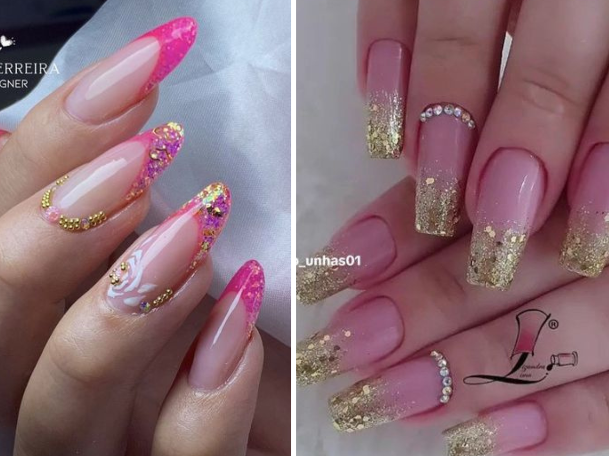 Unhas Rosa Com Dourado