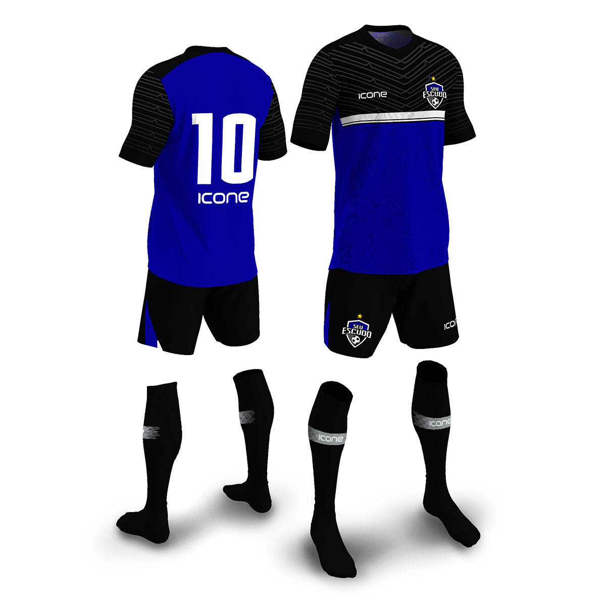 uniforme de futebol azul e preto