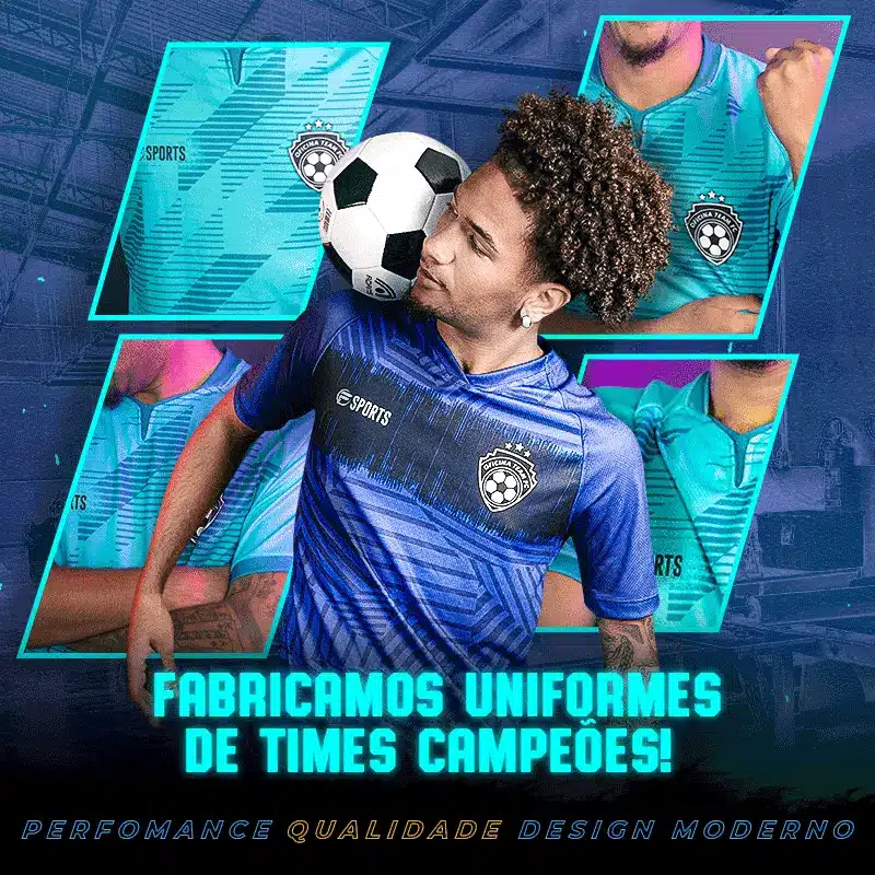 custo médio de um uniforme de futebol azul e preto personalizado