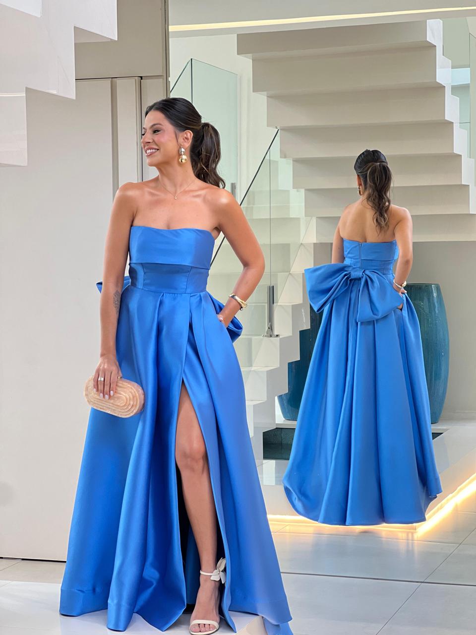 vestido azul royal acetinado