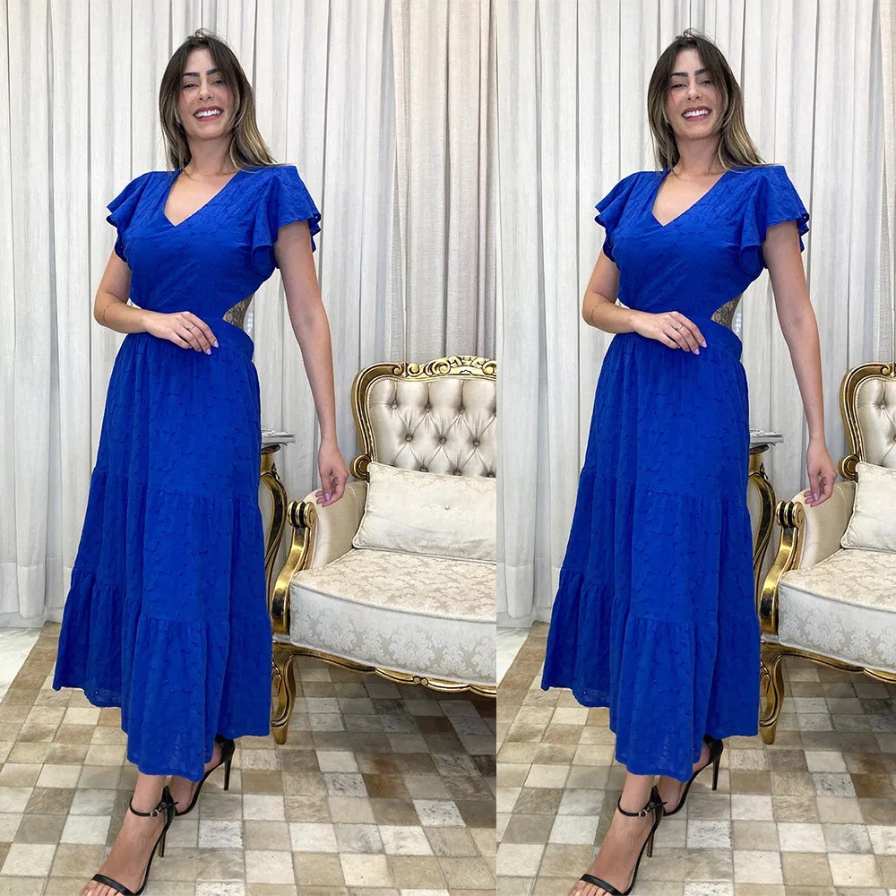 vestido azul royal ombro a ombro