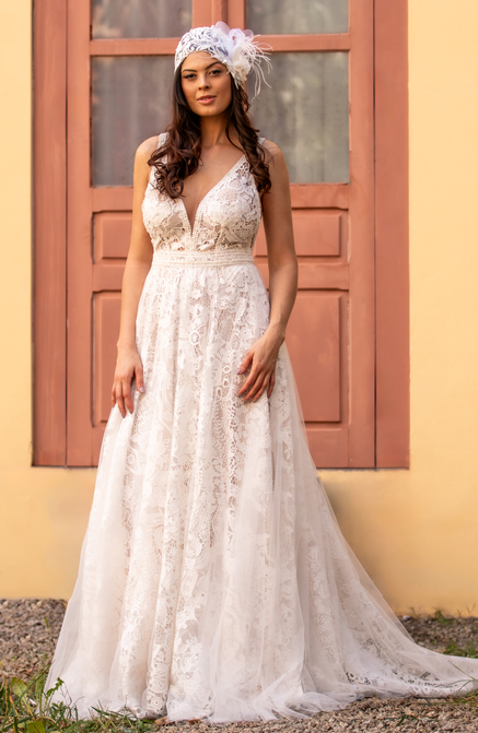 vestido de noiva boho com decote V