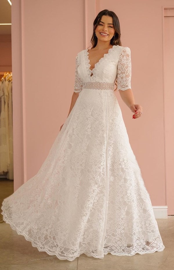 vestido de noiva simples e elegante com manga