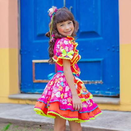 Vestido infantil festa junina com mini bolsa